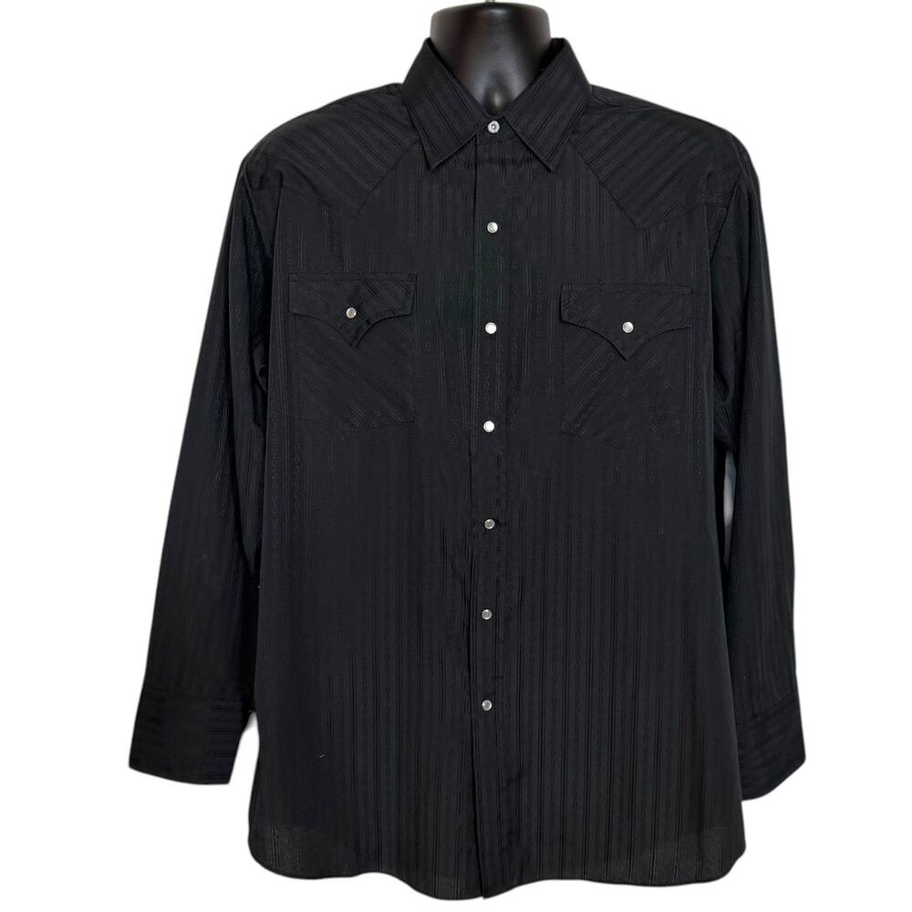 VINTAGE MENS ELY CATTLEMEN BLACK SNAP FRONT WESTERN SHIRT 16 1/2 x 34 L